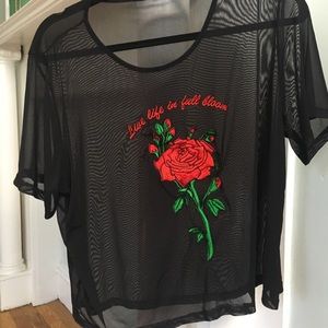 Rose embroidered mesh crop top